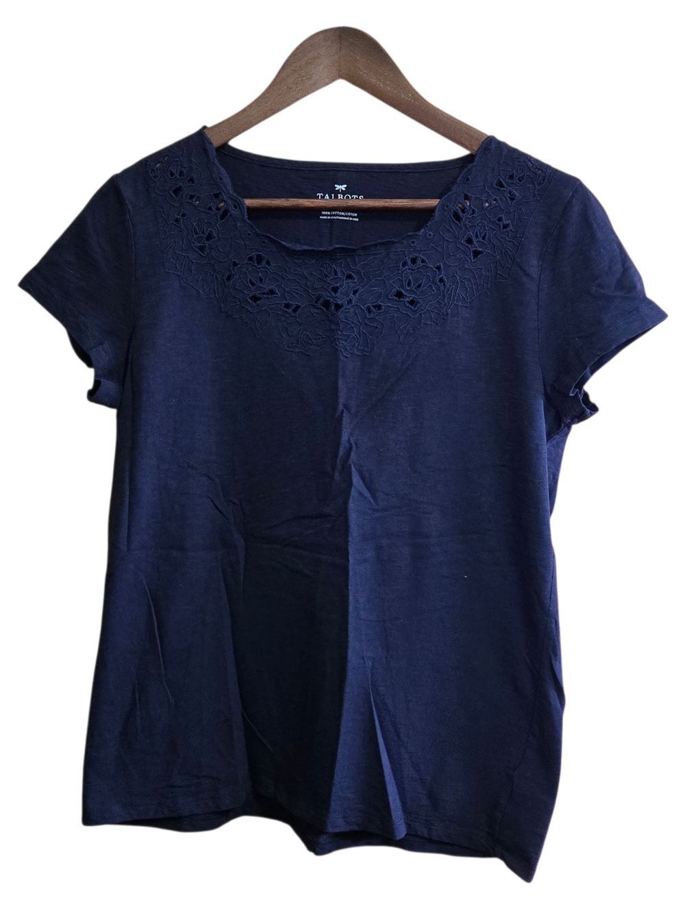Talbots Navy Short-Sleeve Embroidered Scoop Neck Top